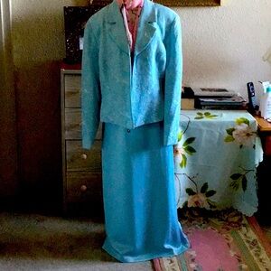 Full length light blue satin evening jacket and skirt